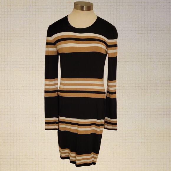 Striped Ribbed Knit Mini Dress Ronnie Kobo Long Sleeve Black Tan S/M - Picture 1 of 7